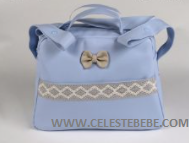 BOLSO MATERNAL DOBLE ASA CELESTE ENCAJE TOSTADO