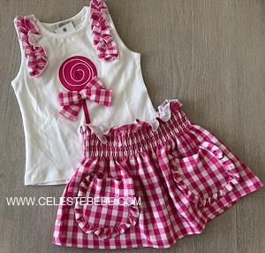CONJUNTO 2P NIÑA FALDA Y CAMISA VICHY FUXIA